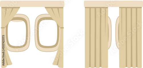 Collection of realistic airplane window portholes with curtains in two different positions, featuring blank aircraft windows with copyspace inside for design purposes