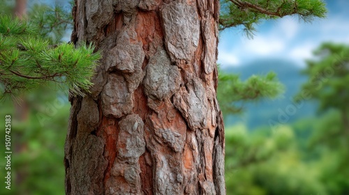 A closeup captures a tree trunks textured bark with pine needles and branches around it set against a blurred background of trees and sky