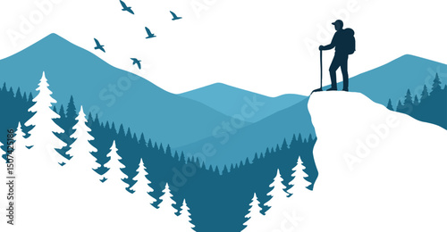 Vector illustration of a mountain landscape featuring coniferous forests beneath a blue sky with birds in flight, and a lone hiker standing atop, gazing into the valley