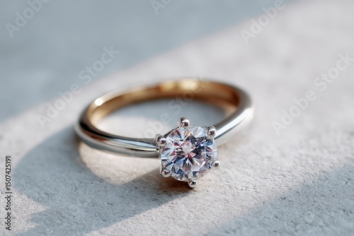 A closeup of a solitaire diamond ring with a platinum band set against a textured neutral surface