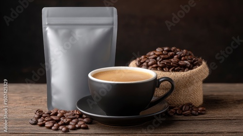 A dark coffee cup beans burlap sack and packaging on a wooden surface