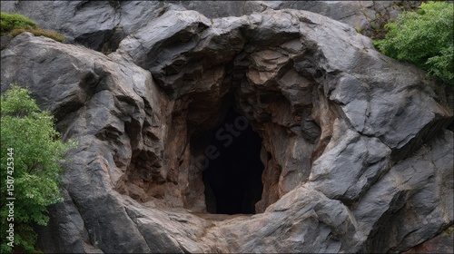 A dark cave opening surrounded by rocks with greenery visible on the sides