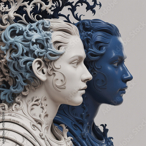 Dual Portrait Sculptures with Intricate Rococo Ornamentation in Beige and Blue Hues