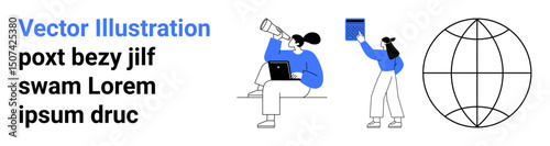 Professionals working with a telescope and a file, exploring and analyzing data. Globe outline represents global reach. Ideal for teamwork, research, exploration, education, innovation, technology