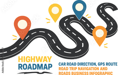 Vector illustration of a highway roadmap marked with pins, representing car road direction and gps route navigation for a road trip