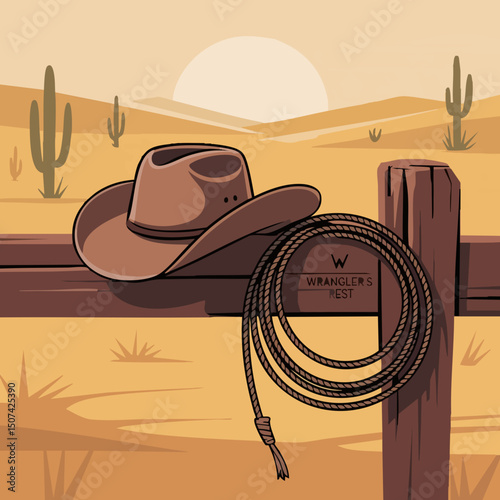 Minimal Cowboy Hat and Lasso on Fence – Flat Desert Vector Illustration for Western Theme