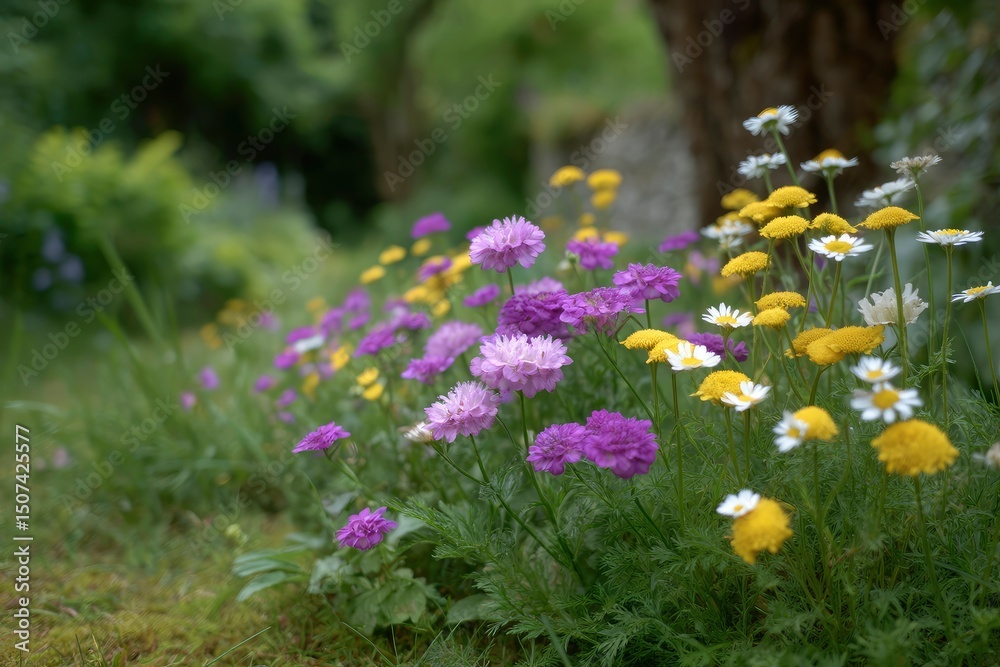 Obraz premium A field of mixed wildflowers predominantly purple yellow and white daisies in a lush natural setting with a soft blurred background