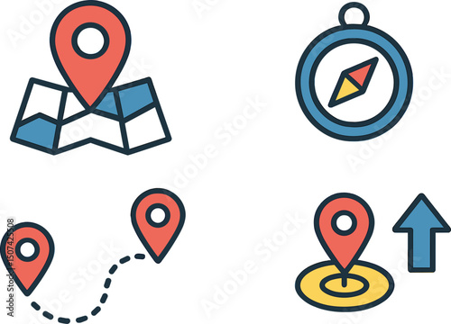 A set of location pin map line icons is available, featuring a compass, map, distance, and direction in minimal vector illustration