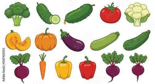 Fruits, vegetables and berries. Abstract geometric design. Banner template. Seamless pattern. Organic food. Set of simple icons in flat style Elements isolated on white background vector illustration.