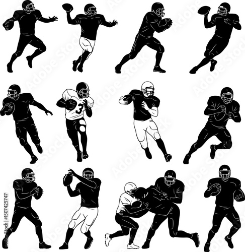 Silhouette illustration of American football players in various action poses.