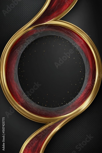 A goldringed flowing design dominates a dark gray textured background with subtle gold specks inside the central circle