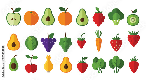 Fruits, vegetables and berries. Abstract geometric design. Banner template. Seamless pattern. Organic food. Set of simple icons in flat style Elements isolated on white background vector illustration.