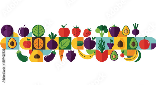 Fruits, vegetables and berries. Abstract geometric design. Banner template. Seamless pattern. Organic food. Set of simple icons in flat style Elements isolated on white background vector illustration.