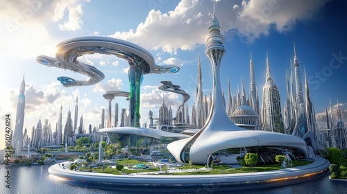 futuristic city skyline concept. Futuristic cityscape with unique architecture and vibrant sky.