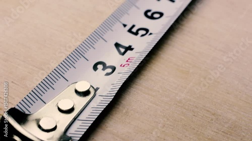 Tape measure, measuring white plywood board. Tape measure being placed on plywood board, camera follows. DIY
