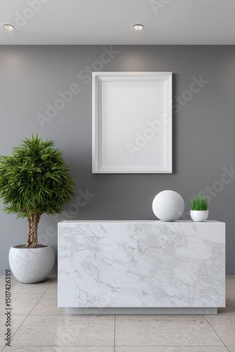 A minimalist gray room features a marbletopped credenza with decor framed art  a potted plant