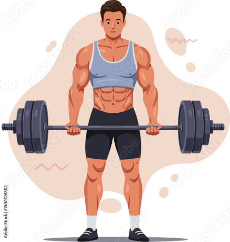 Muscular man performing deadlift exercise with heavy barbell fitness training workout vector illustration 