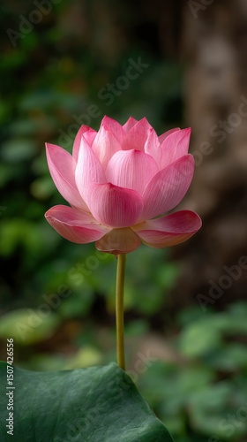 A pink lotus flower in full bloom centered against a blurred green  brown backdrop