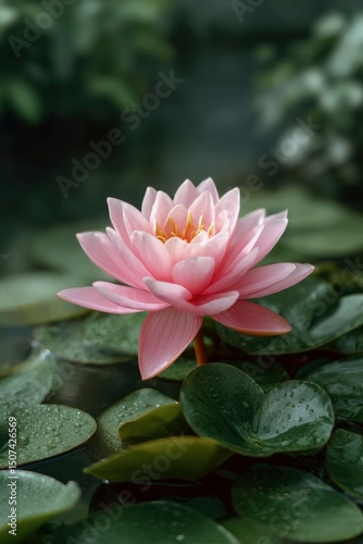A pink water lily blooms amidst green lily pads on a pond