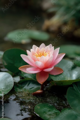 A pink water lily with yellow center surrounded by green lily pads in a pond