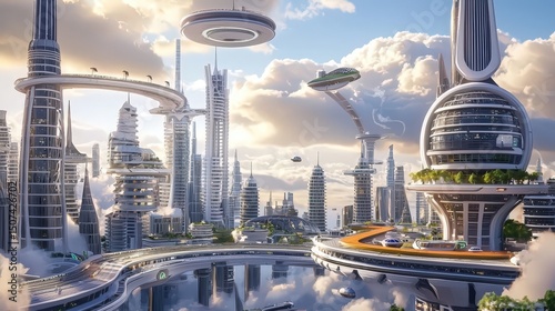 futuristic city skyline concept. Futuristic cityscape with unique architectural designs and clouds.