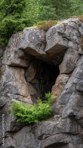 A rock face forms a cavernlike opening framing dark depths with verdant vegetation growing at the base