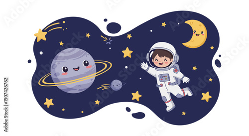 Cute cartoon astronaut floating in space with smiling planet Saturn moon stars and crescent moon illustration 