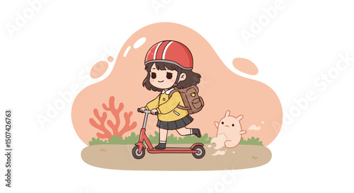 Girl wearing red helmet riding red scooter with small creature and coral in background in cute style 