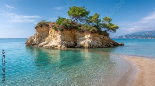 A sandstone islet crowned with trees sits in turquoise water next to a beach under a blue sky