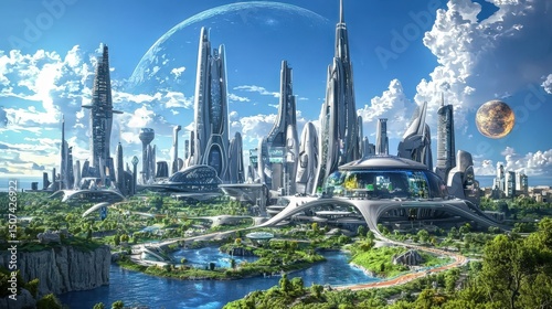 futuristic city skyline concept. Futuristic cityscape with tall structures and a serene water body.