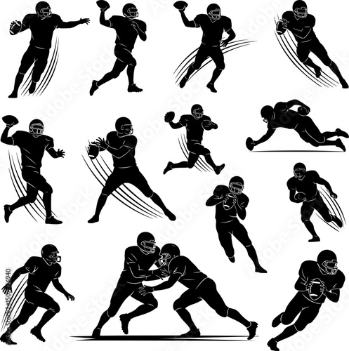 Silhouette illustration of American football players in various action poses.