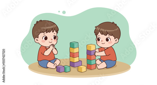 Two young boys playing with colorful stackable blocks in a playful indoor setting natural interaction and fun 