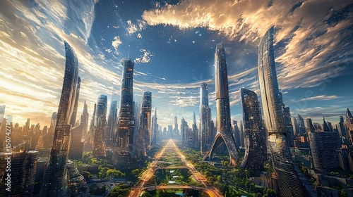 futuristic city skyline concept. Futuristic cityscape with towering structures under a dramatic sky.