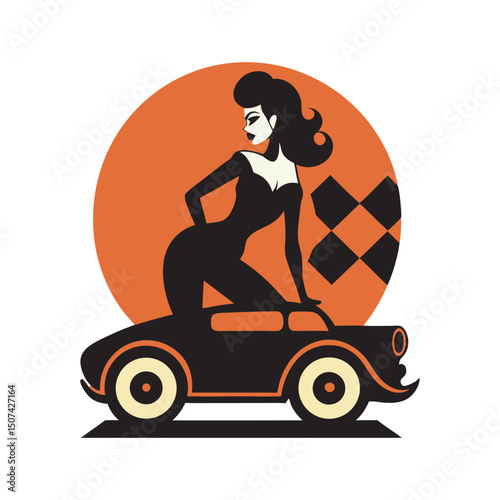 Pin Up Girl Sitting On Classic Car Model
