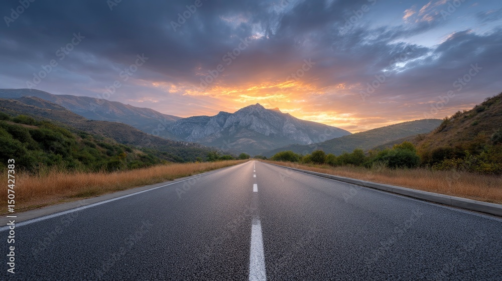 Naklejka premium A straight asphalt road stretching to distant mountains under a sunsetlit cloudy sky