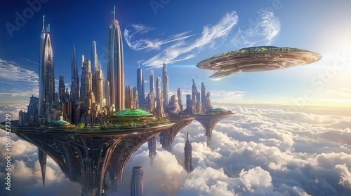 futuristic city skyline concept. Futuristic cityscape floating among clouds with a spaceship above.