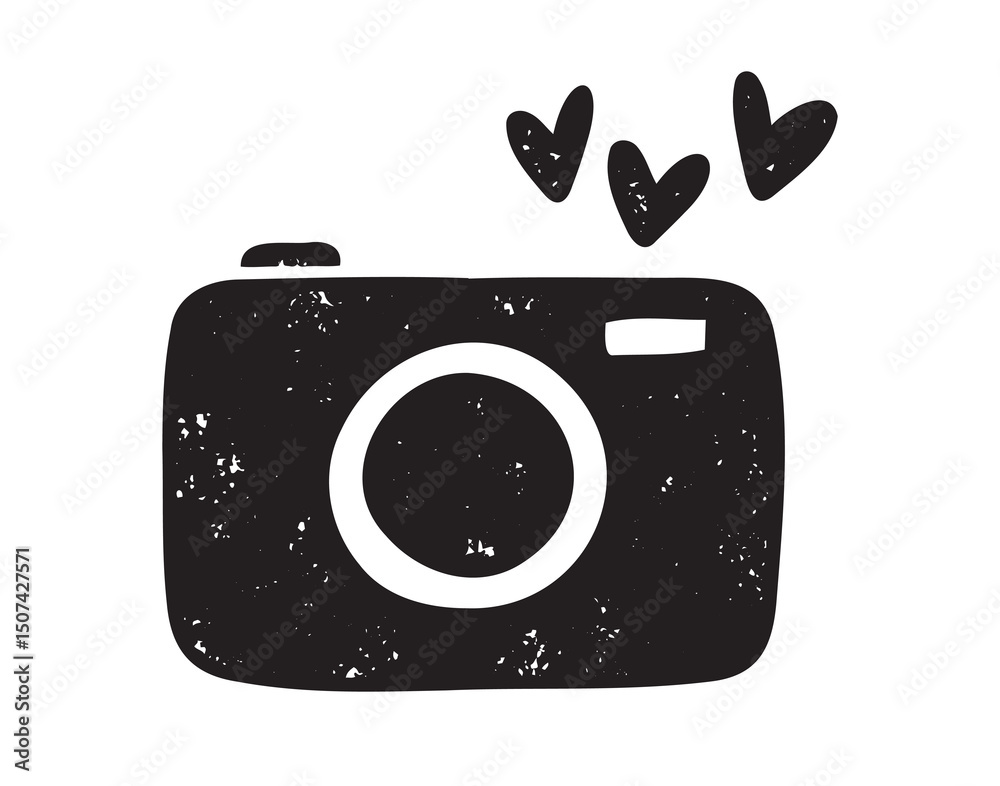 cute love camera with hearts textured grunge retro silhouette icon doodle hand drawn. clipart symbol