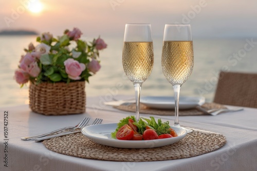 A table set near the sea with wine glasses salad and flowers