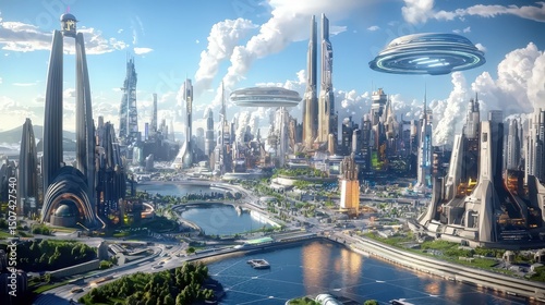 futuristic city skyline concept. Futuristic cityscape with advanced architecture and flying objects.