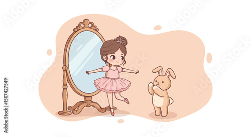 Little girl in pink tutu dancing ballet near mirror and plush bunny in soft pastel tones illustration 
