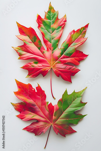 Bright red maple leaves, a beautiful autumn decoration, capture the vibrant color of the season