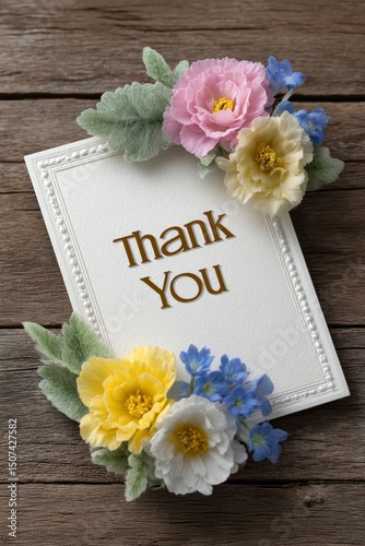 A Thank You card bordered and decorated with flowers rests on a rustic wooden surface