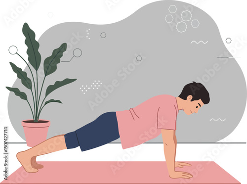 Man doing plank exercise on yoga mat in home interior with plant and abstract background vector illustration 