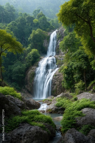 A tiered waterfall cascades down a rocky cliff surrounded by lush green vegetation and trees