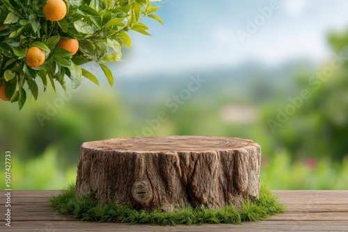 A tree stump serves as a platform topped with grass An orange tree hangs above set against a soft green backdrop