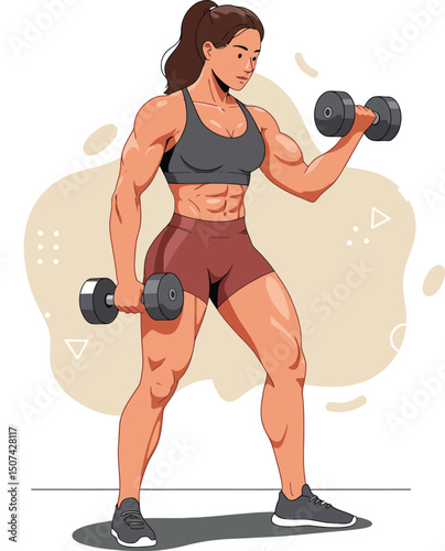 Muscular athletic woman lifting dumbbells in fitness workout for strength training and health improvement 