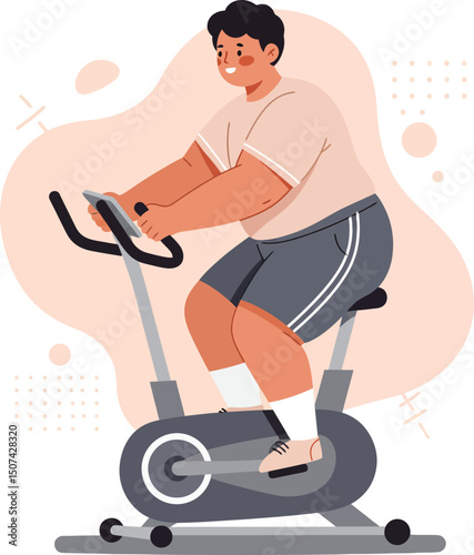 Overweight man exercising on stationary bike for fitness and health improvement vector illustration