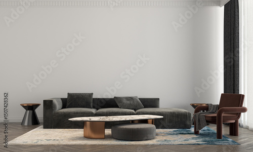 Fototapeta Naklejka Na Ścianę i Meble -  Home and living room with grey modern sofa mockup decoration and white wall texture background interior design. 3d rendeing