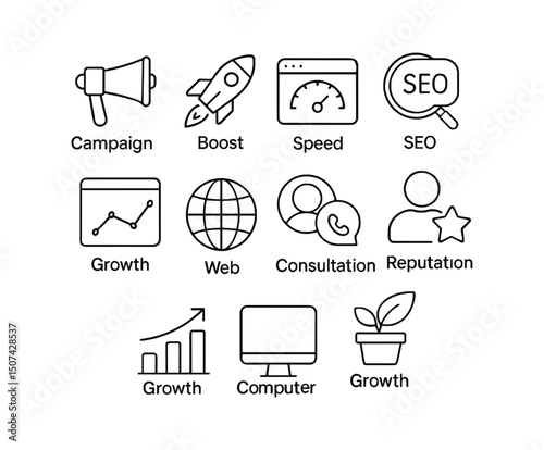 social media SEO and SEM icons set outline lineal vector illustration