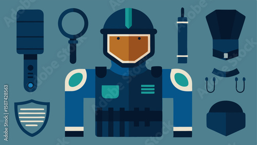 Equipment Display A detailed illustration of various riot gear items such as body armor helmets batons and handcuffs arranged on a table for inspection.